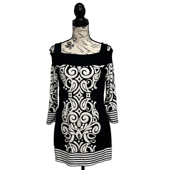 Cache Womens Black White Geometrical Cold Shoulder Mini Jersey Knit Dress M - Picture 1 of 8